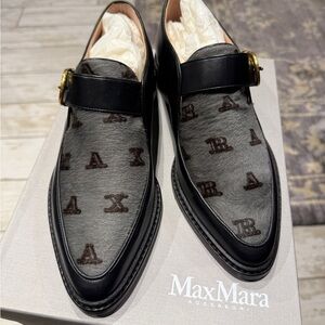 NIB MaxMara Calf Hair Logo Loafers Black Size EU 36 $925